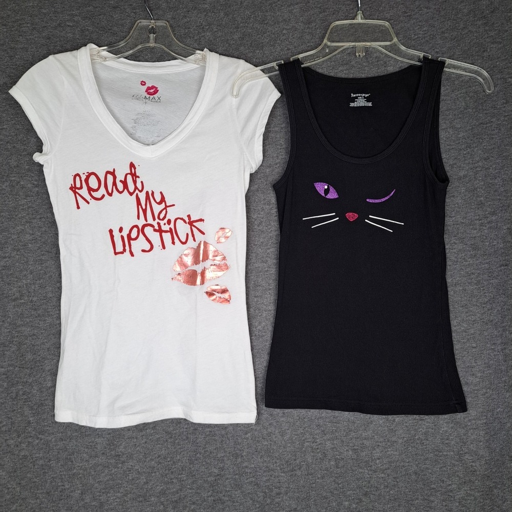 Miley White Read My Lipstick Tee Jasmine & Ginger Black Tank Cat Size M Lot of 2